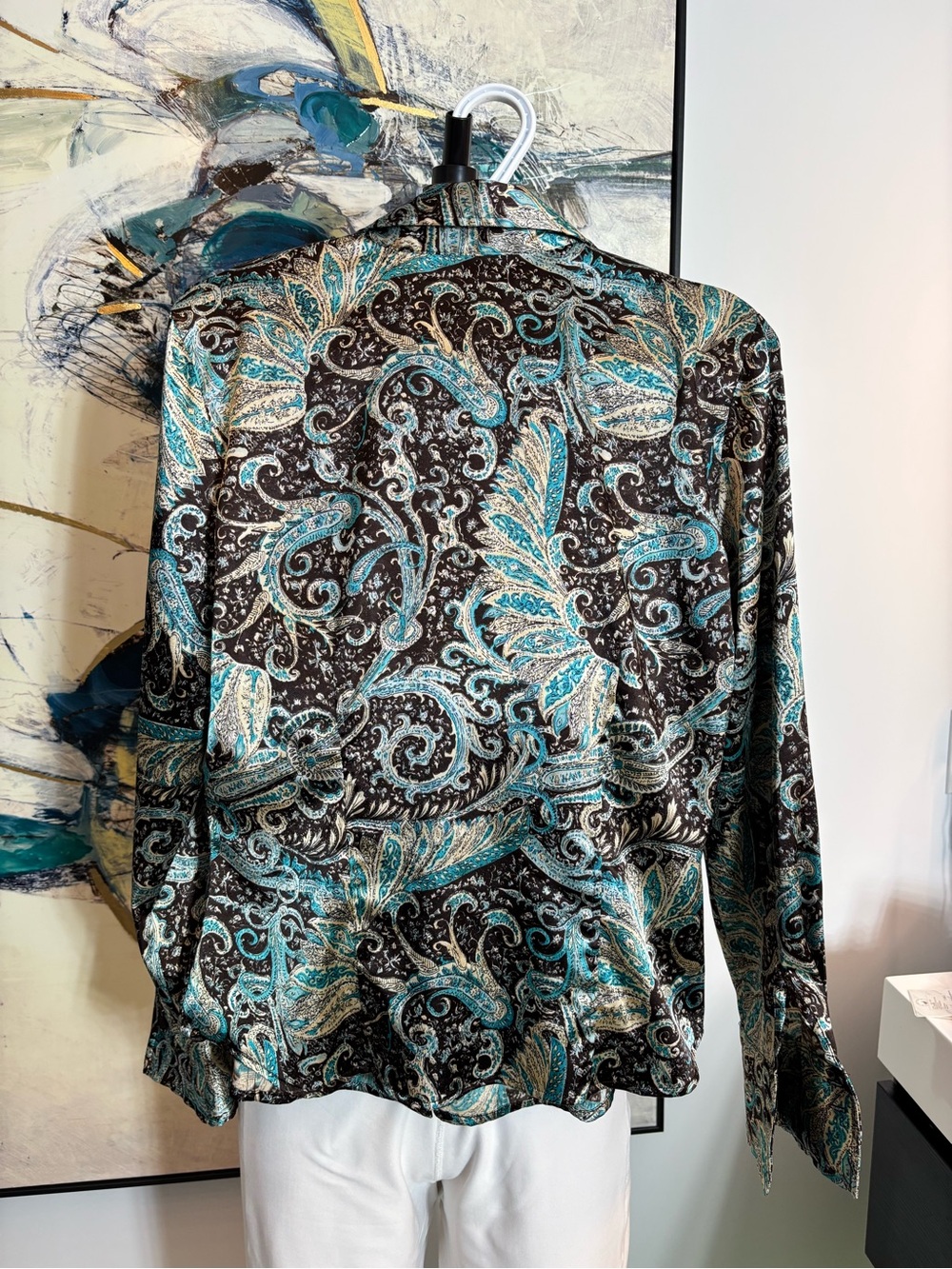 Paisley Button-Front Long-Sleeve Top in Teal and Brown Stretch - Picture 5 of 10